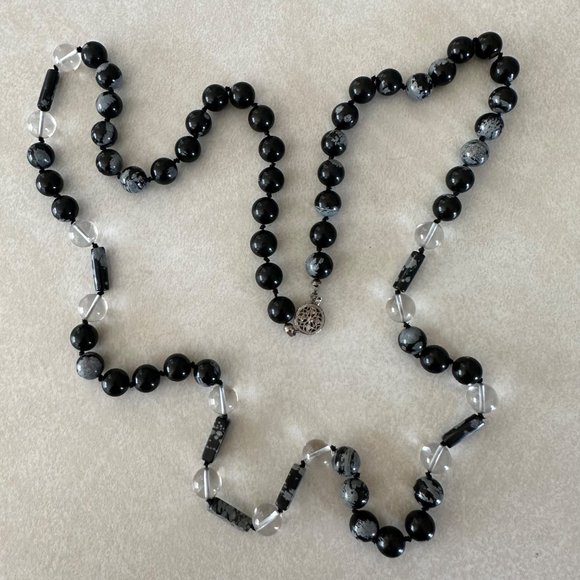Sterling silver vintage black snowflake obsidian clear glass beaded necklace - Picture 6 of 8